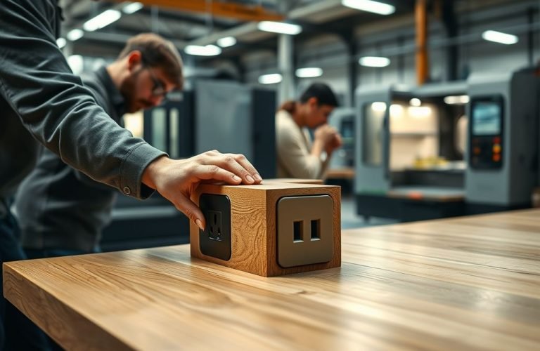 {"prompt":"A contemporary furniture workshop bustling with activity, where a skilled artisan meticulously incorporates a concealed power socket into the smooth edge of a beautifully crafted oak table. This detailed close-up captures the moment the sleek magnetic cover plate effortlessly snaps into position, showcasing a perfect blend of design and functionality. In the background, advanced CNC machines hum quietly, their polished metal surfaces reflecting the ambient industrial lighting that bathes the scene in a warm, inviting glow. The air is thick with creativity and craftsmanship, embodying a harmonious balance between modern technology and artisanal skill in this vibrant workspace.nnModern furniture factory with craftsman installing invisible socket into oak table edge, close-up of magnetic cover plate snapping into place, CNC machines in background, industrial lighting --ar 16:9"","originalPrompt":"Modern furniture factory with craftsman installing invisible socket into oak table edge, close-up of magnetic cover plate snapping into place, CNC machines in background, industrial lighting --ar 16:9"","width":1024,"height":768,"seed":42,"model":"flux","enhance":false,"nologo":true,"negative_prompt":"worst quality, blurry","nofeed":false,"safe":false,"quality":"medium","image":[],"transparent":false,"isMature":false,"isChild":false}