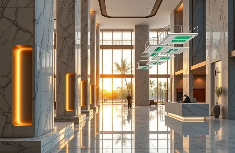 {"prompt":"Architectural rendering of luxury hotel lobby showing Wayboo sockets seamlessly integrated into marble columns, reception desk and floor skirting. Construction workers installing modules, BIM design diagrams floating. Golden hour lighting","originalPrompt":"Architectural rendering of luxury hotel lobby showing Wayboo sockets seamlessly integrated into marble columns, reception desk and floor skirting. Construction workers installing modules, BIM design diagrams floating. Golden hour lighting","width":1024,"height":768,"seed":42,"model":"flux","enhance":false,"nologo":true,"negative_prompt":"worst quality, blurry","nofeed":false,"safe":false,"quality":"medium","image":[],"transparent":false,"isMature":false,"isChild":false}