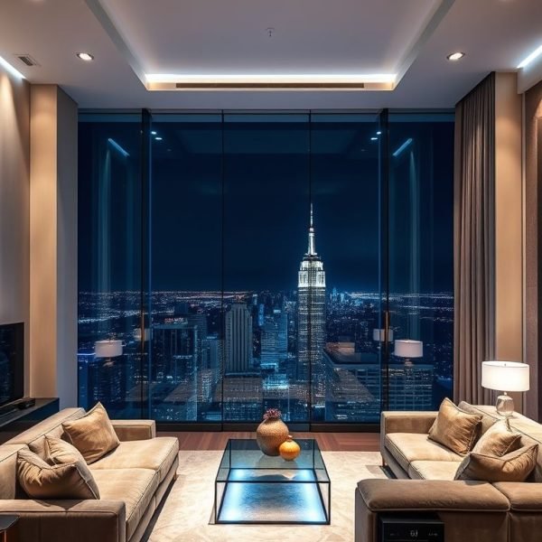 {"prompt":"Imagine an opulent penthouse living room, where sleek, modern aesthetics meet advanced technology. The room features a high ceiling, equipped with innovative retractable sockets smoothly sliding into a concealed track above, showcasing a seamless design. A stunning glass wall provides a breathtaking view of the vibrant city skyline sparkling under the night sky, illuminated by countless lights. The ambiance is enhanced by soft, blue LED position lights subtly integrated into the decor, casting a cool, calming glow throughout the space. The rich textures of the furnishings--plush sofas and elegant coffee tables--contrast beautifully with the sleek glass and metal finishes, creating a sophisticated yet cozy atmosphere ideal for relaxation or entertaining.nn"Penthouse living room showing sockets retracting into ceiling track. Glass wall city view at night, blue LED position lights visible."  ","originalPrompt":""Penthouse living room showing sockets retracting into ceiling track. Glass wall city view at night, blue LED position lights visible."  ","width":768,"height":1024,"seed":42,"model":"flux","enhance":false,"nologo":true,"negative_prompt":"worst quality, blurry","nofeed":false,"safe":false,"quality":"medium","image":[],"transparent":false,"isMature":false,"isChild":false}